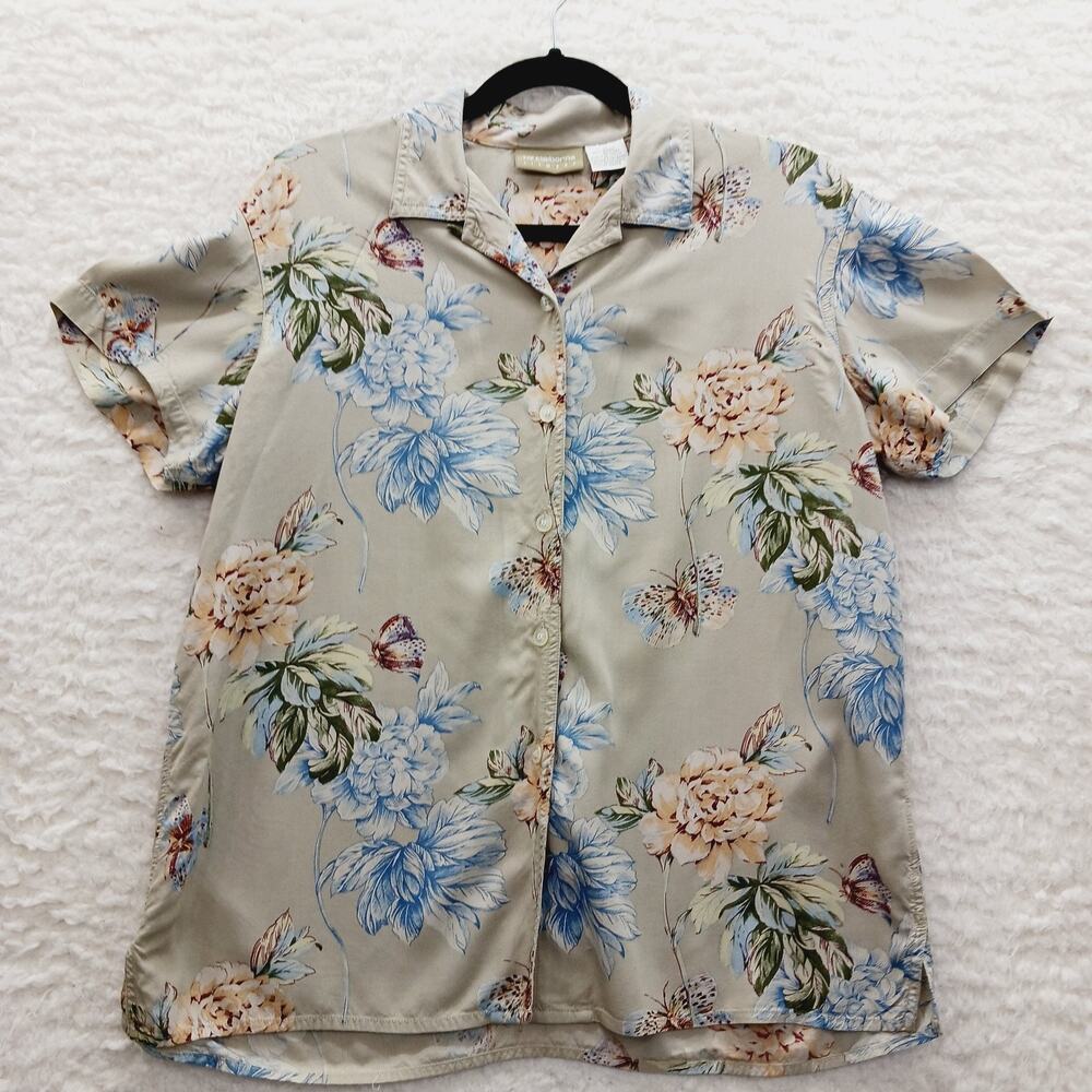 Blouse Beige Butterflies Floral Watercolor Peony Mums VTG Inspired Resort Size M